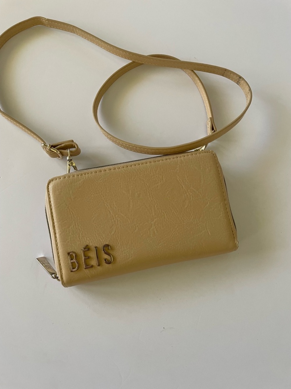 BEIS Caramel Tan Crossbody Wallet Bag with Gold Logo